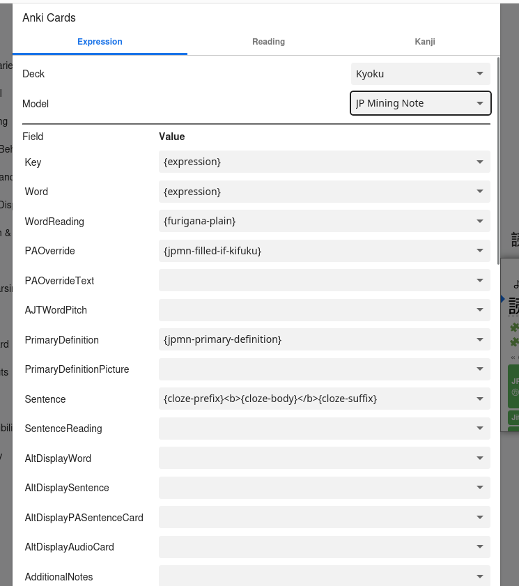 Sección de Configura Anki Cards con Deck, Model y fields