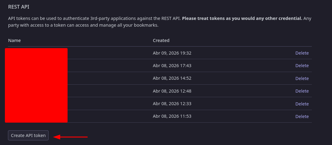 Pantalla de generación de API Token