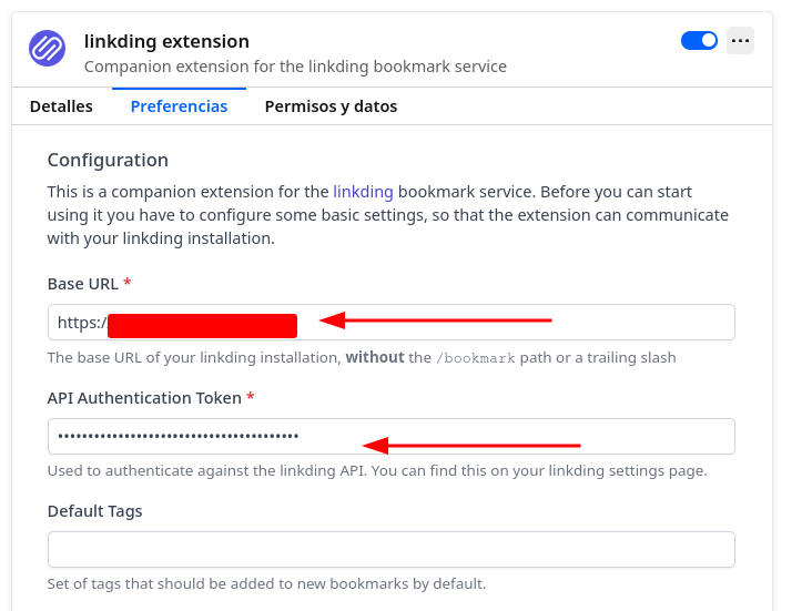Configuración de la extensión de firefox