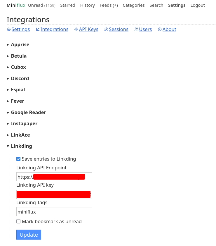 Integracion de miniflux con linkding
