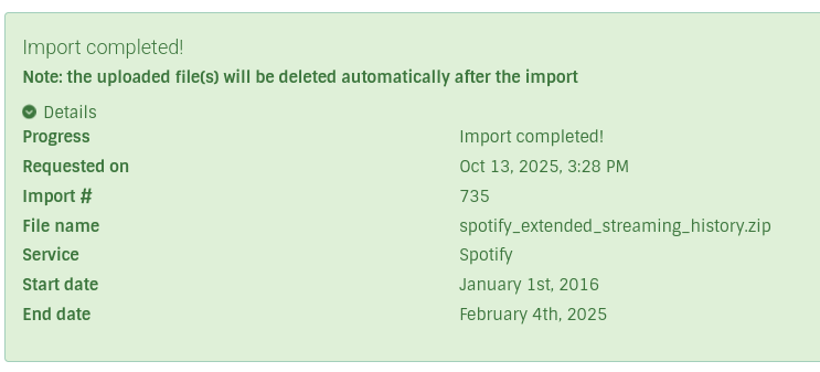 Importación del histórico de Spotify completada