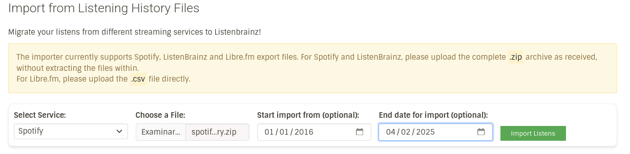 Importación de Spotify dado un rango de fechas