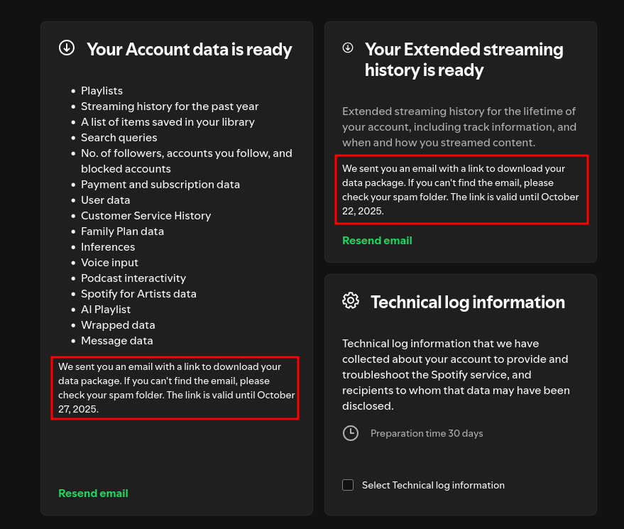 Sección para solicitar el histórico de datos de Spotify