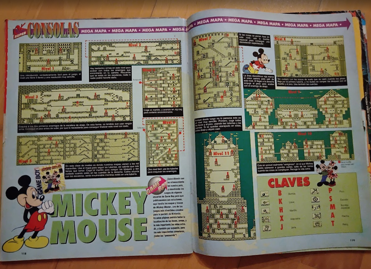 Dos páginas con mapas de niveles de Mickey Mouse de Game Boy