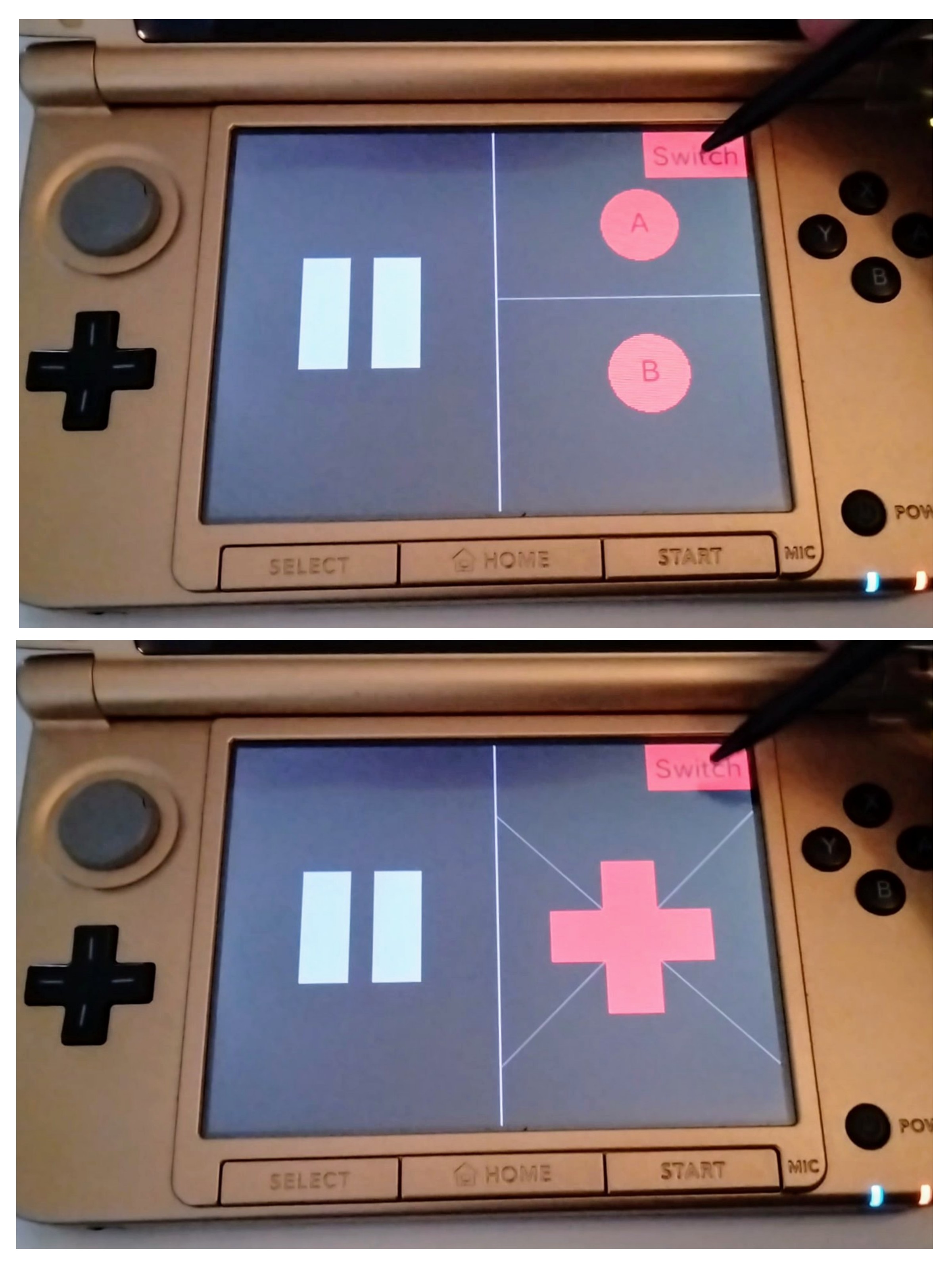 Los botones extra del mando de virtual boy se cambian en la pantalla inferior de la consola