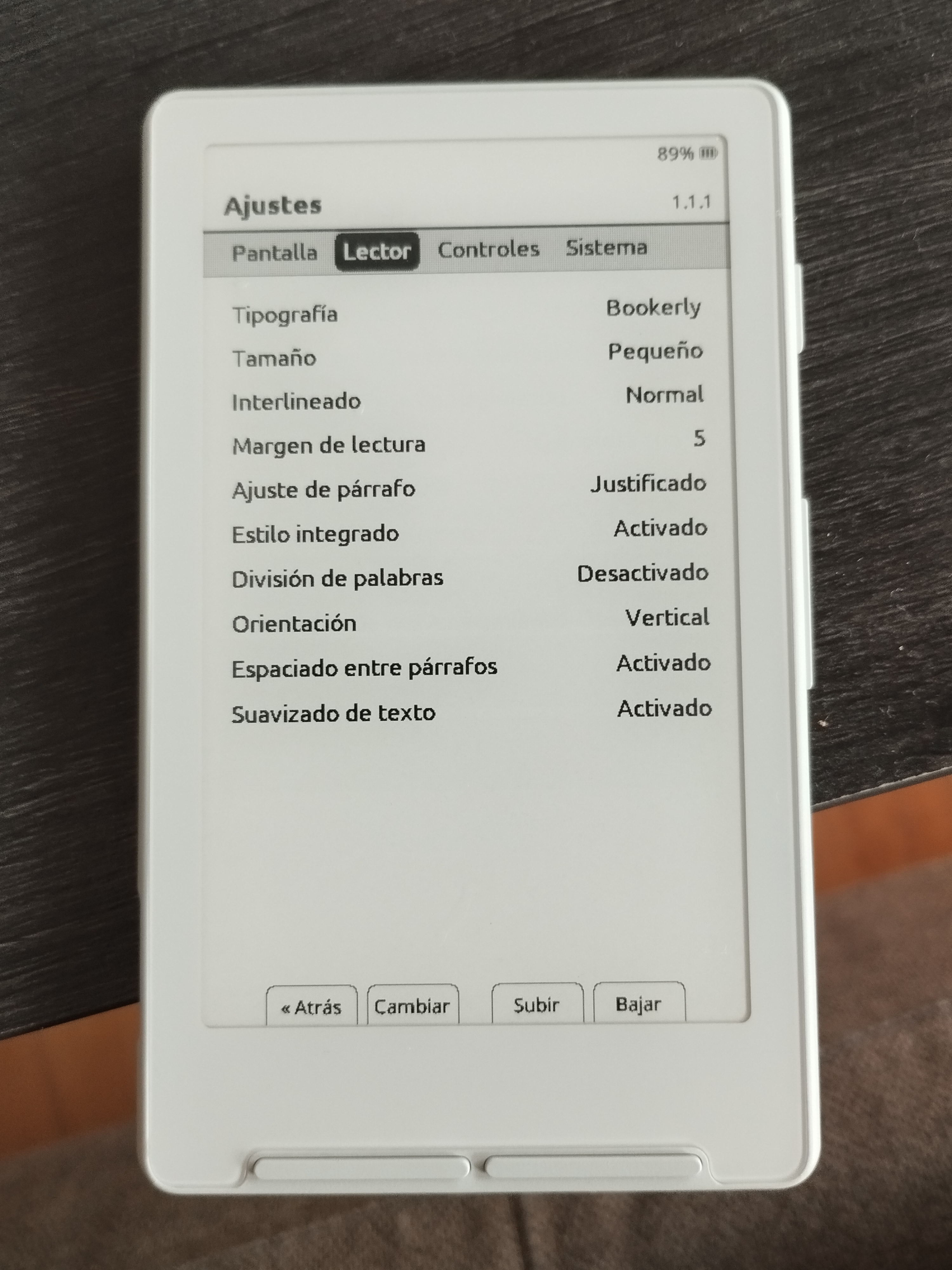 Pantalla de settings